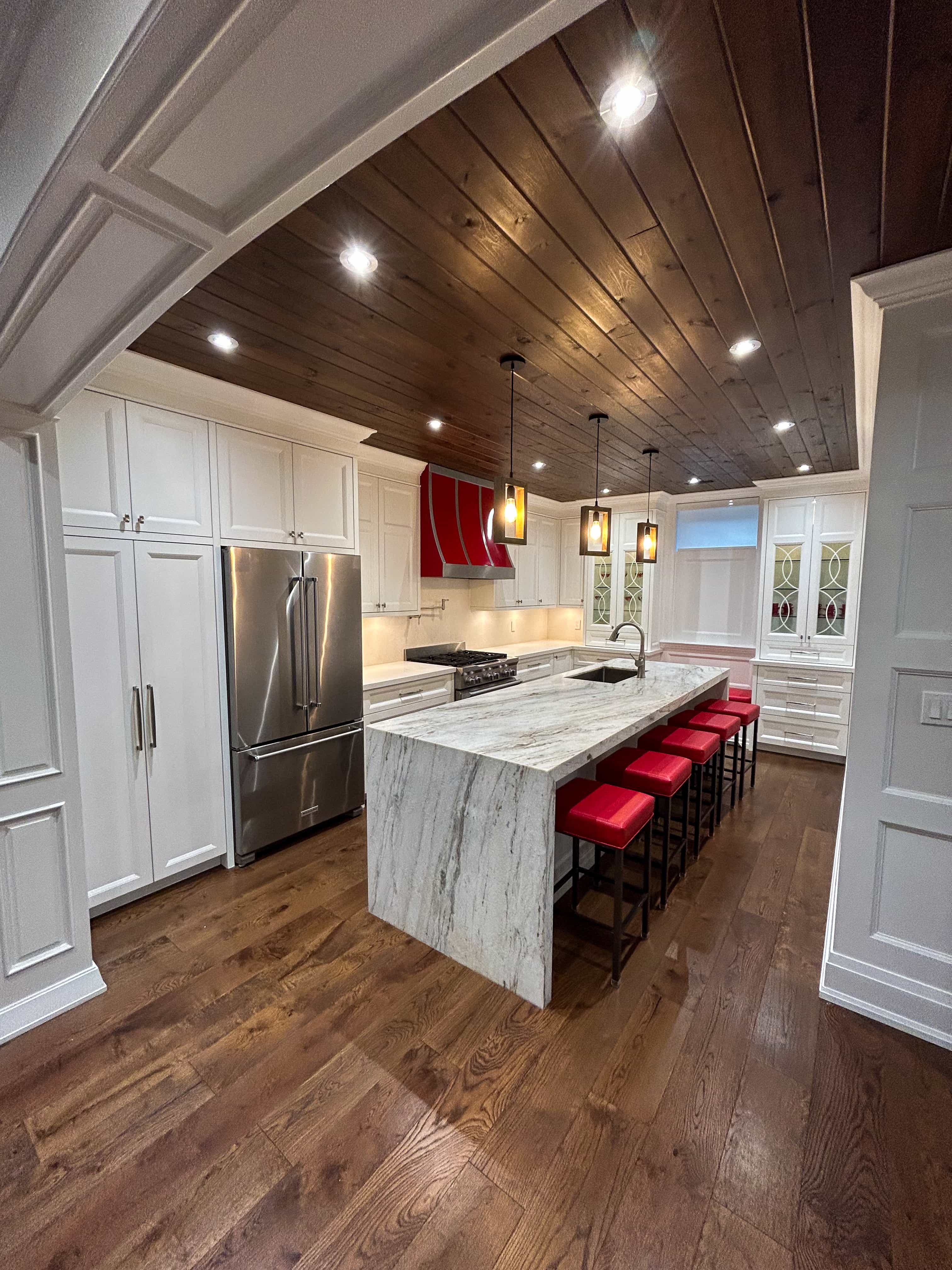 Kitchen with wood ceiling