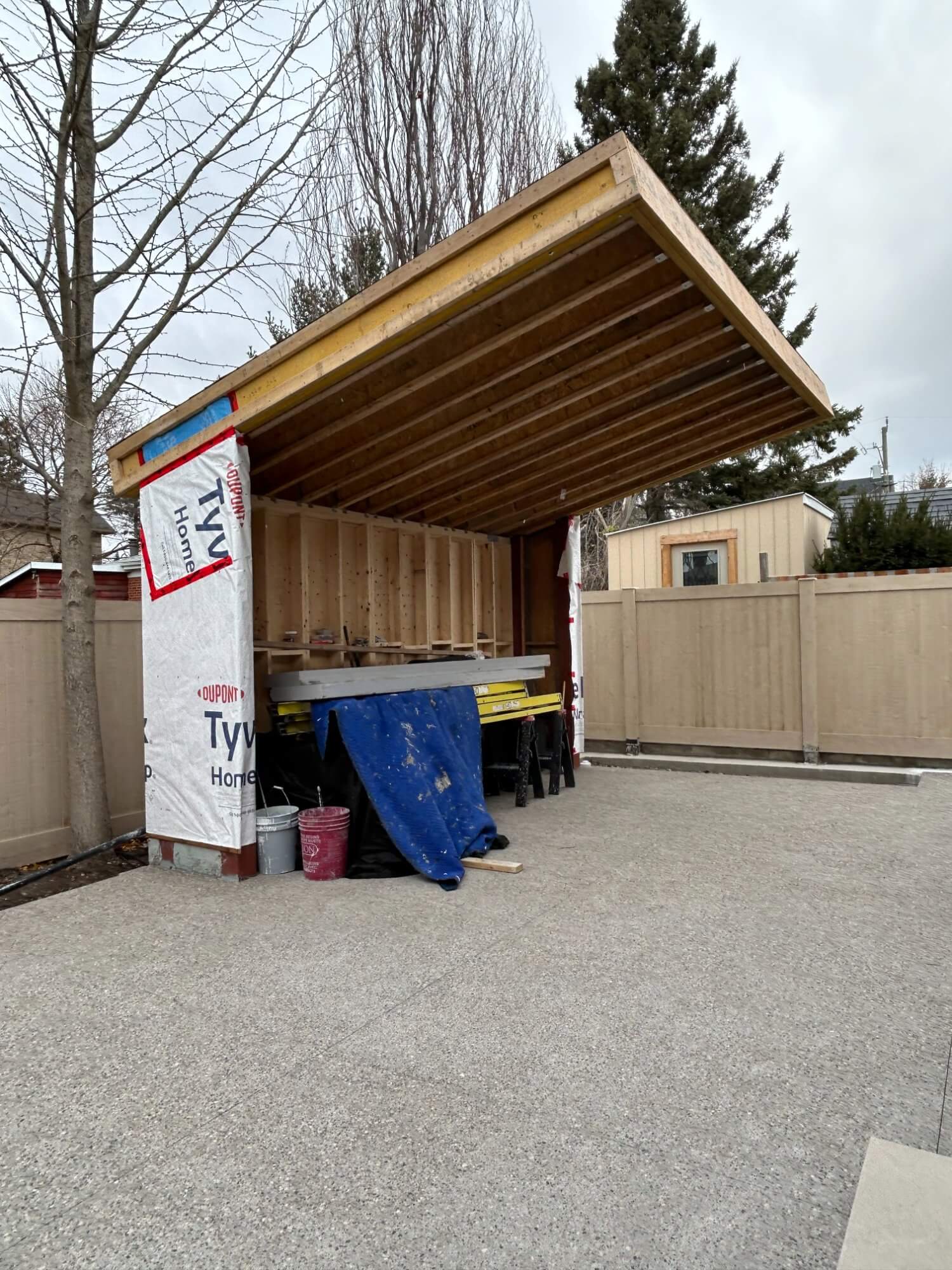Pavilion structure with roof framing on concrete pad